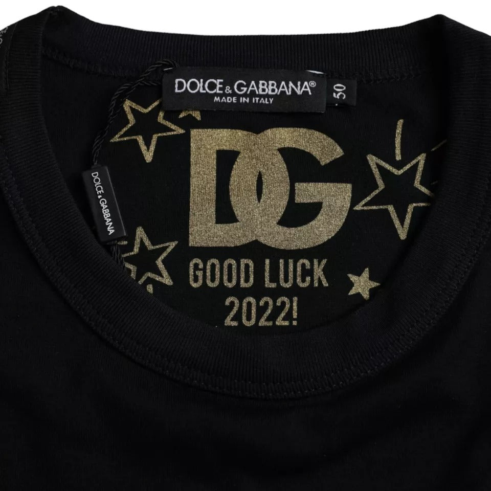 Black cotton round neck short sleeve men's t-shirt with gold lettering and stars