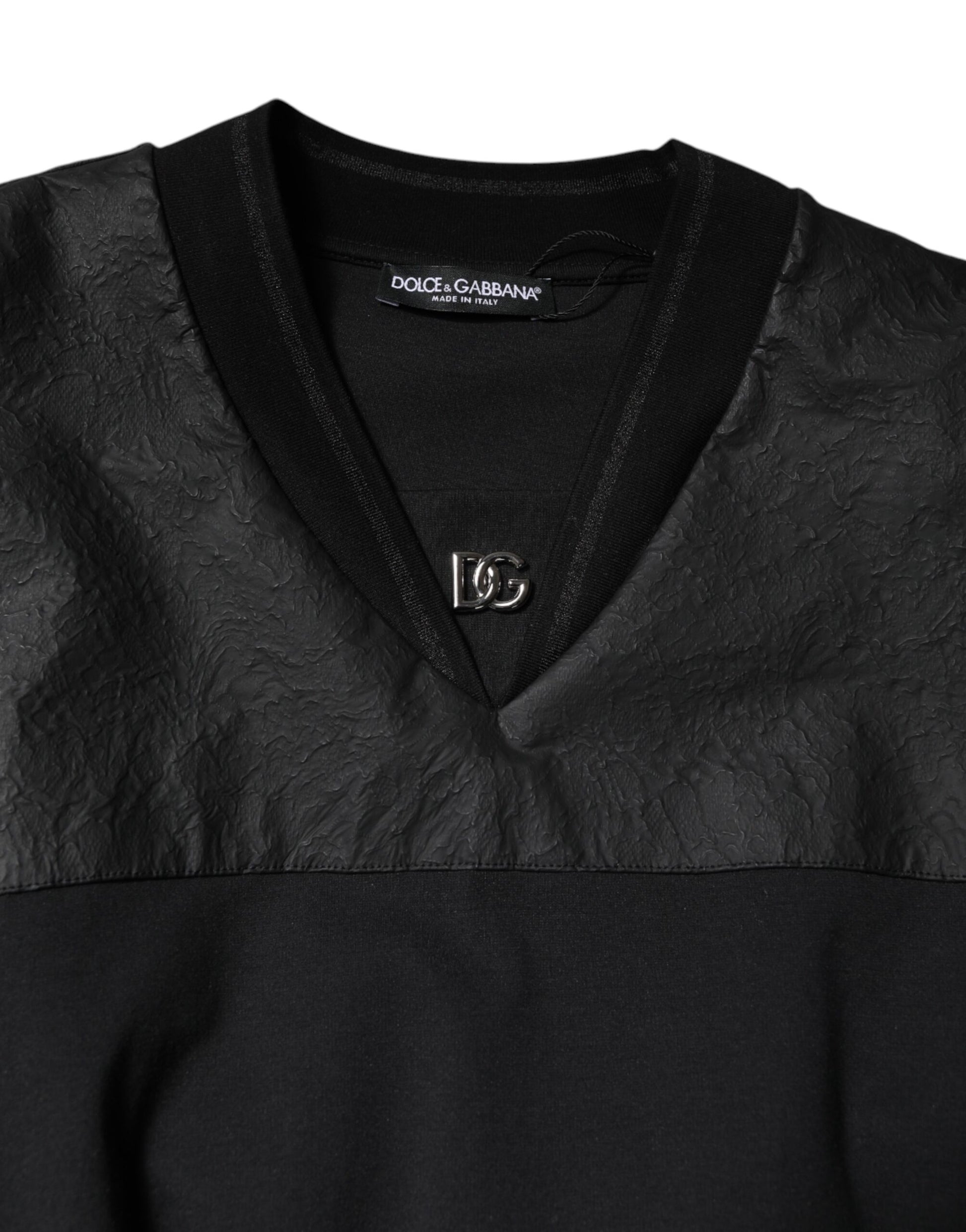 Black leather v neck sweater with zippered front