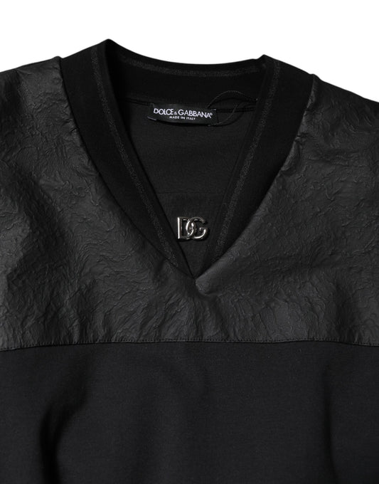 Black leather v neck sweater with zippered front