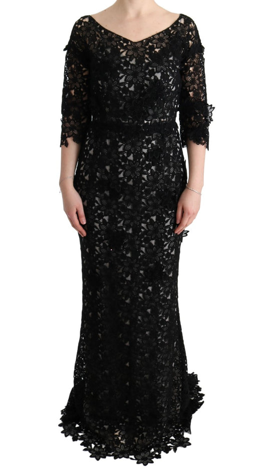 Long black sequined dress with long sleeves and ruffled hem