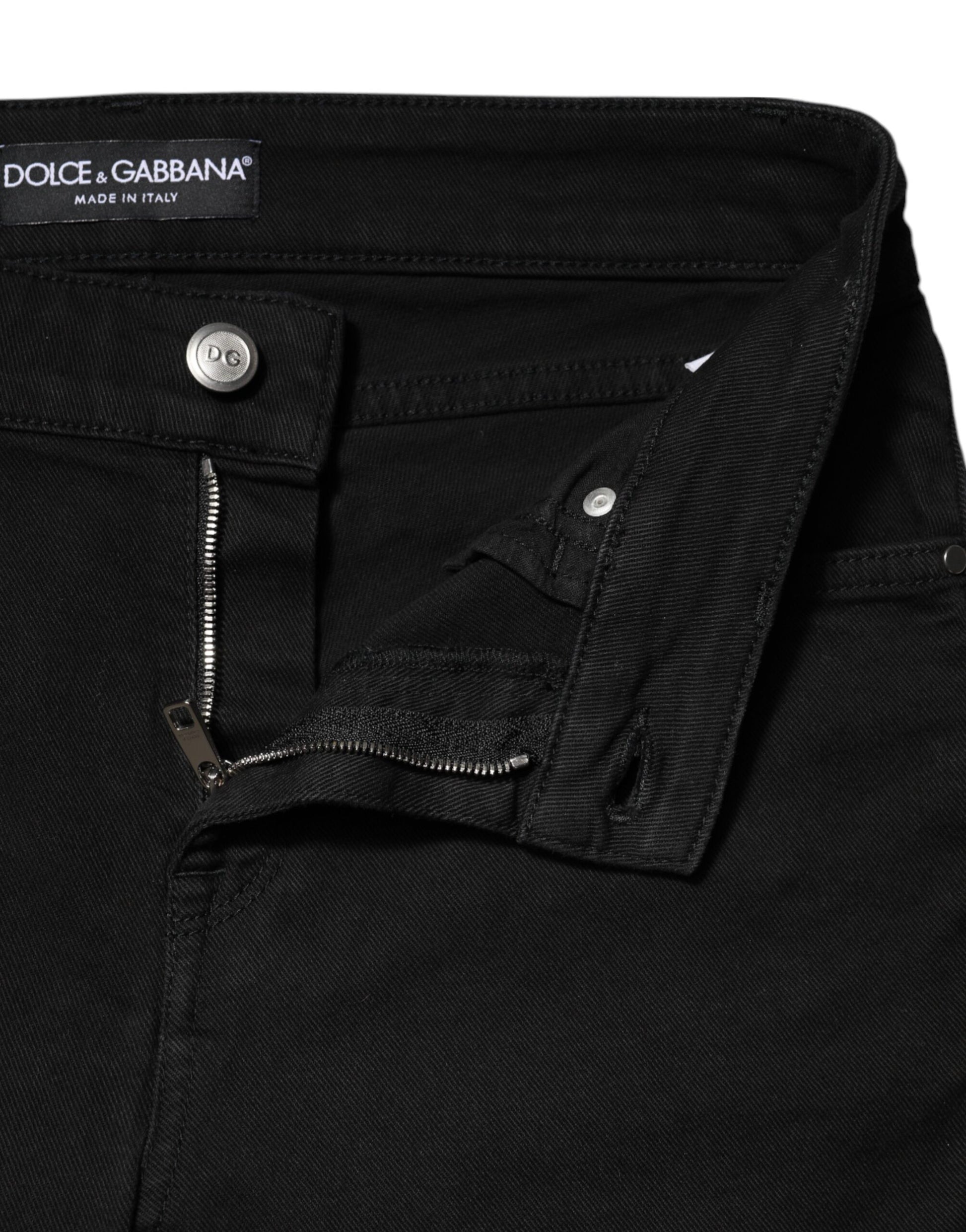 Black denim jeans with zippered side pockets