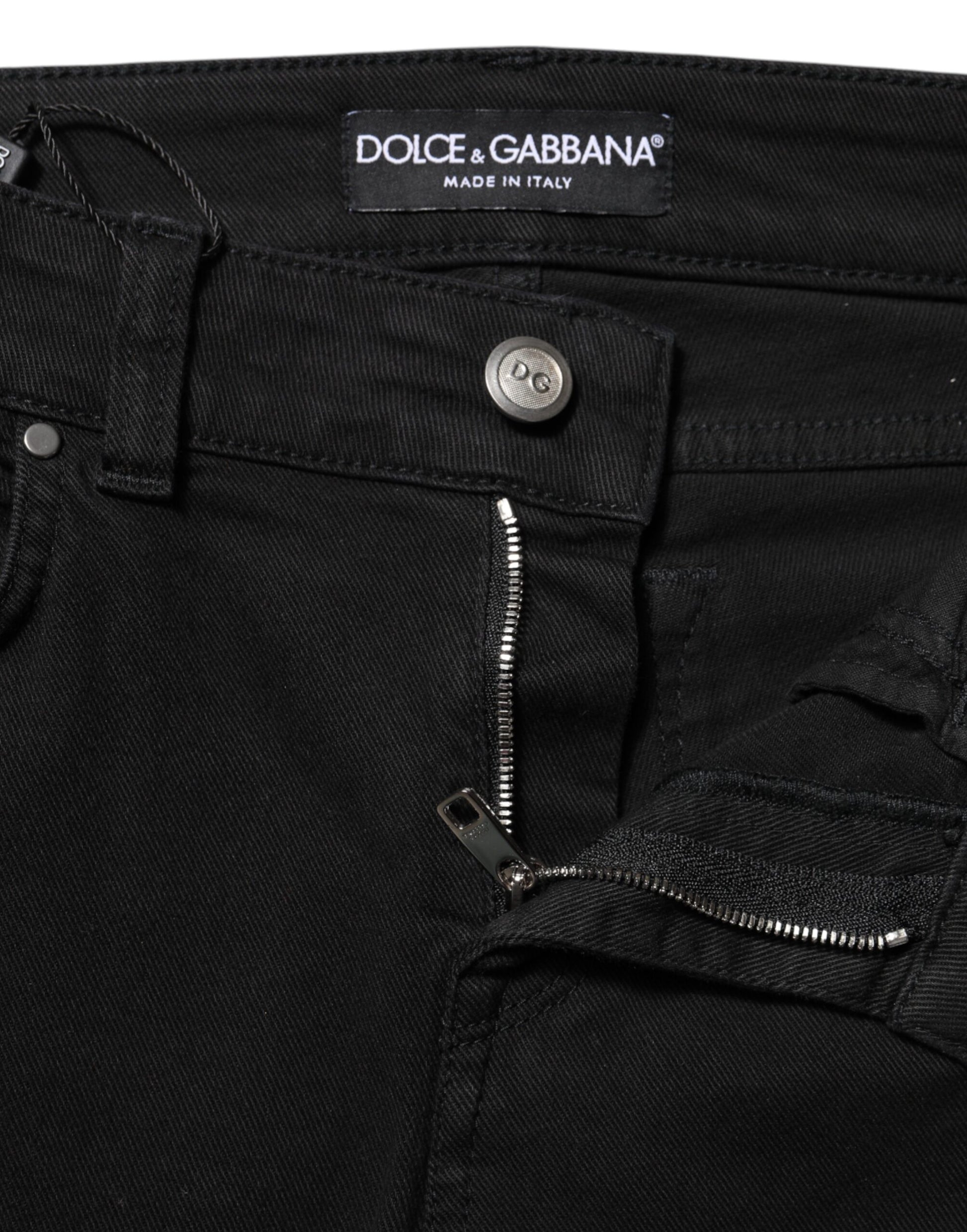 Black denim jeans with zipper detailing
