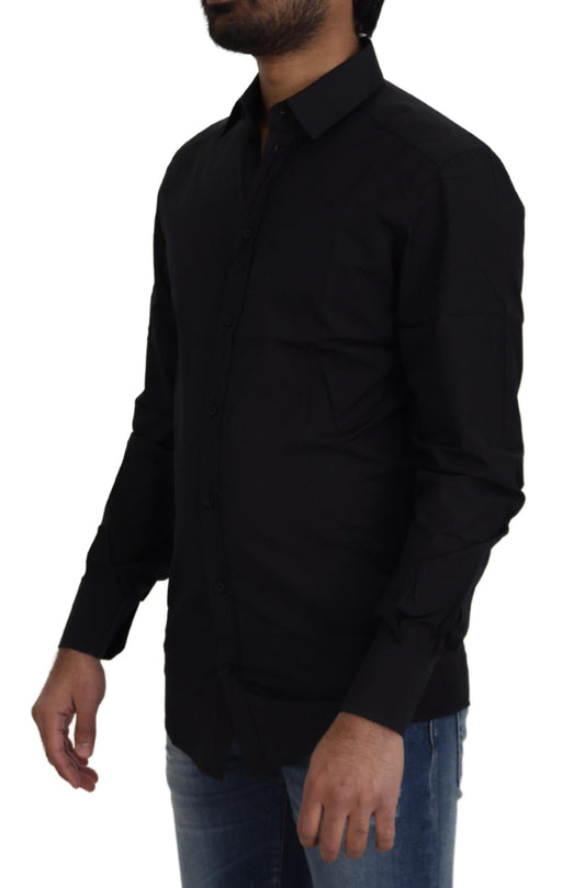 A black cotton slim fit formal dress shirt with a gold design