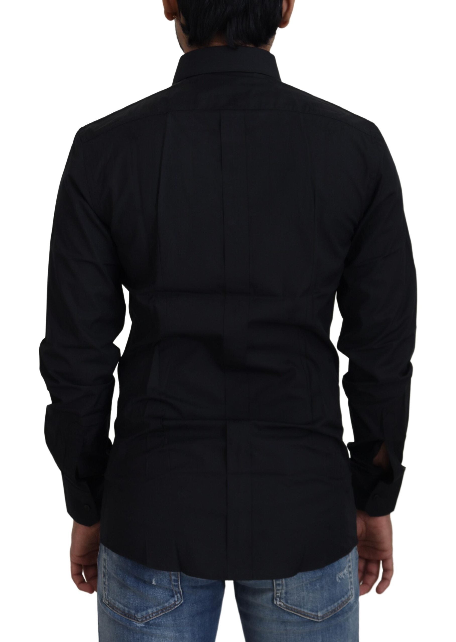 A black cotton slim fit formal dress shirt with a gold design