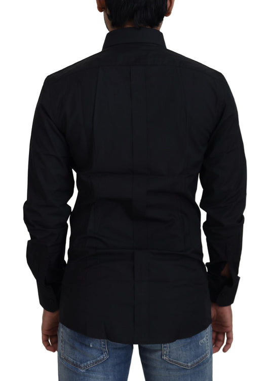 A black cotton slim fit formal dress shirt with a gold design