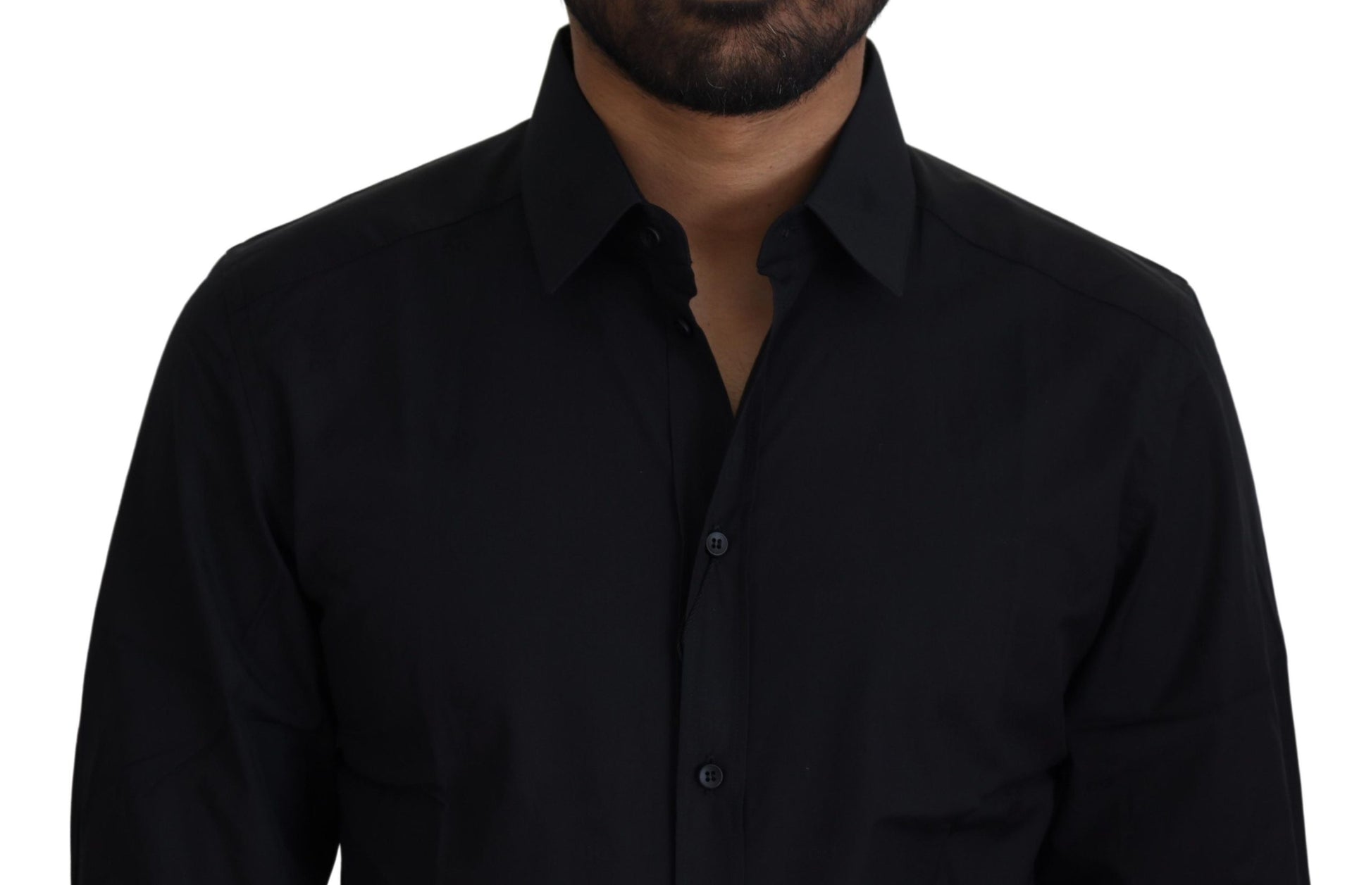 A black cotton slim fit formal dress shirt with a gold design