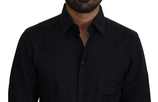 A black cotton slim fit formal dress shirt with a gold design