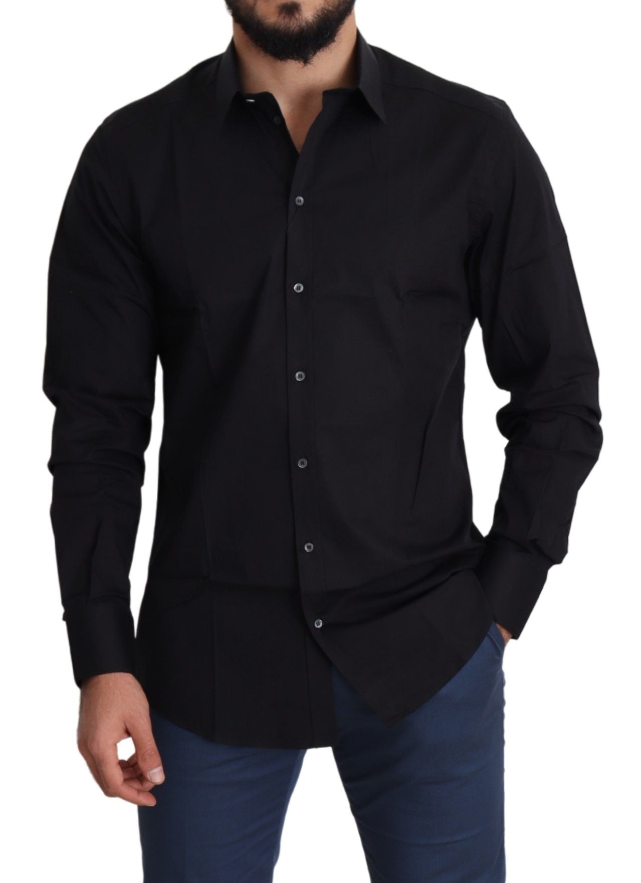 Man wearing black shirt with buttons down front