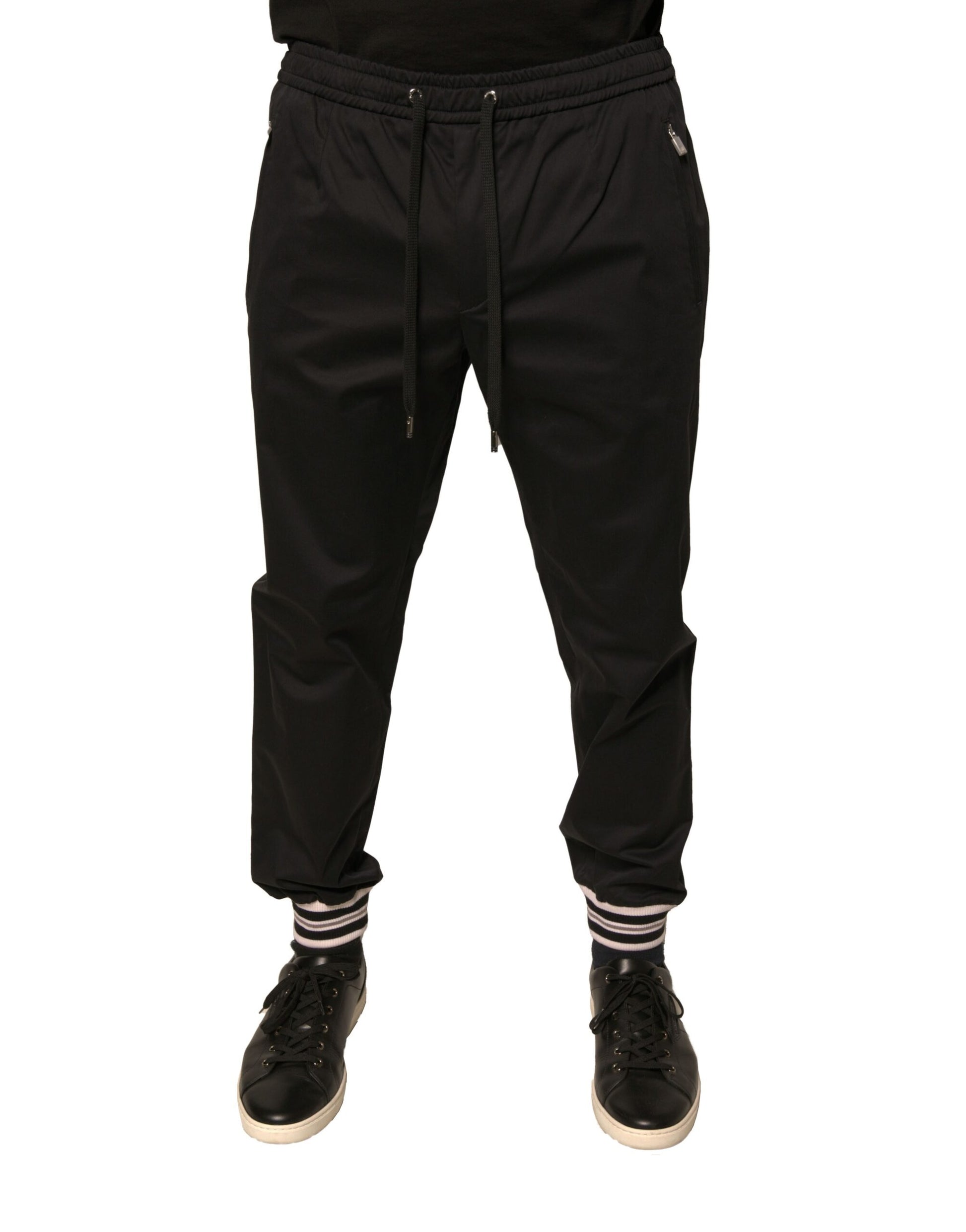 Black athletic pants with drawstring waistband