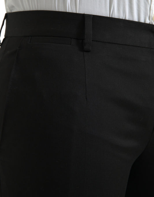Black cotton stretch skinny dress pants with elastic waistband and zippered front