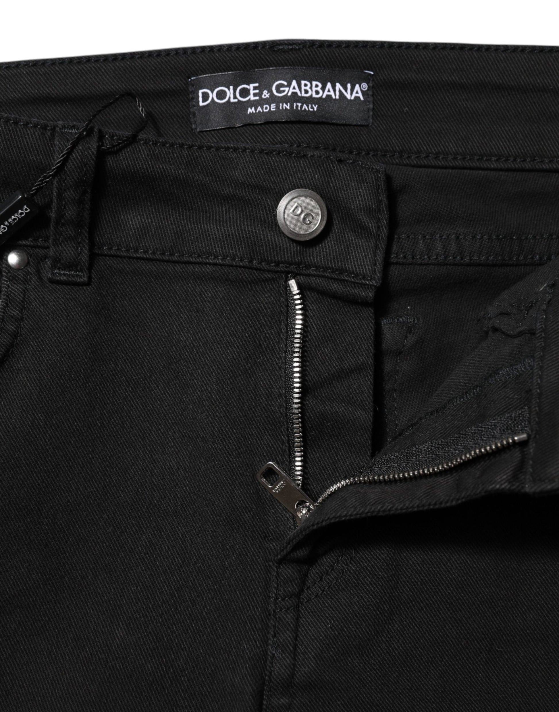 Black denim jeans with zipper on front