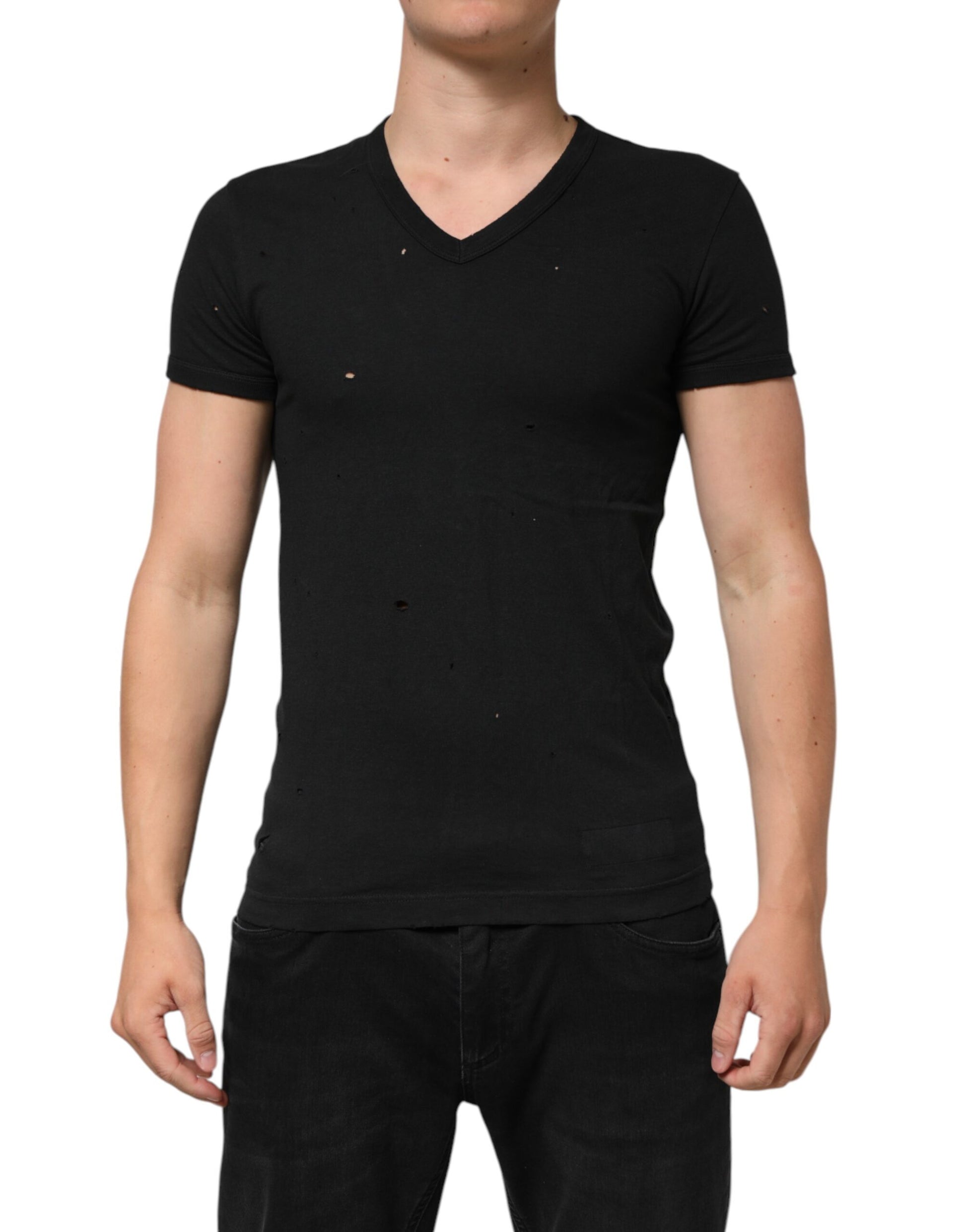 Black v neck t-shirt with small white dots on front