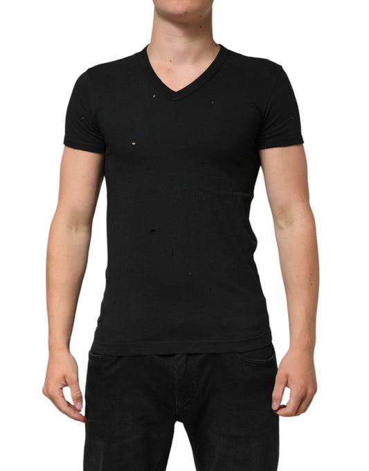 Black v neck t-shirt with small white dots on front