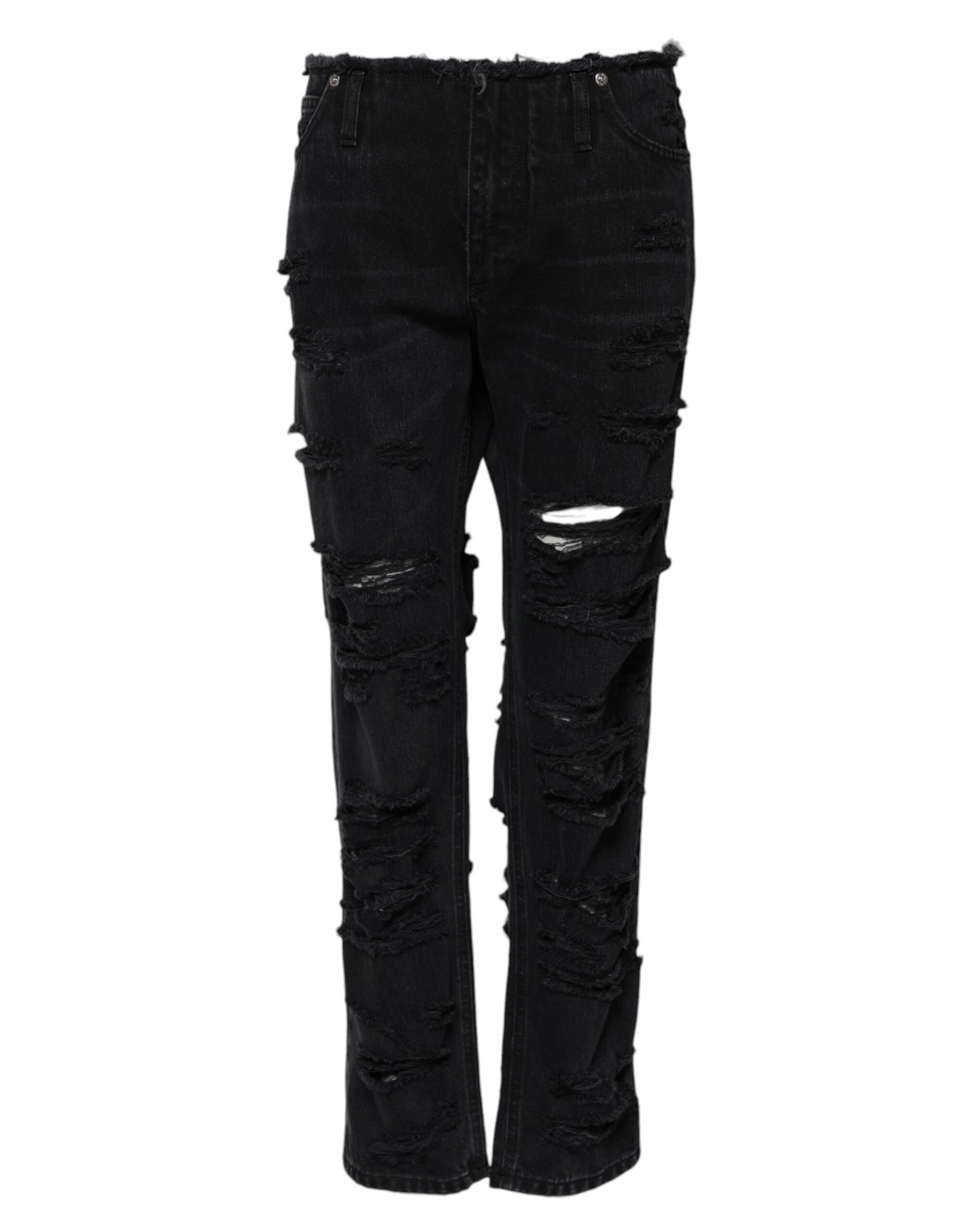 Pair of distressed jeans with rips and frayed edges
