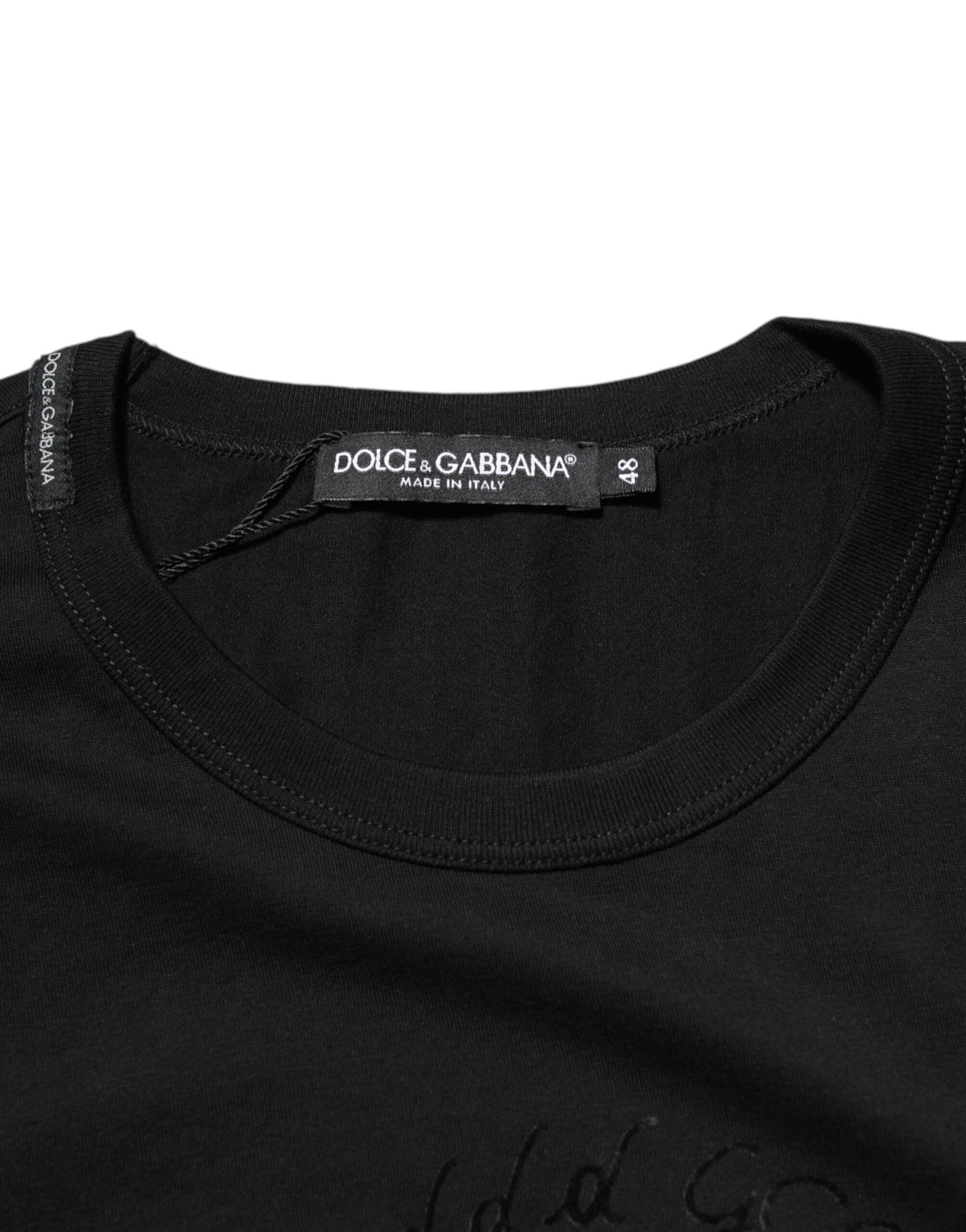 Black t-shirt with white logo tag