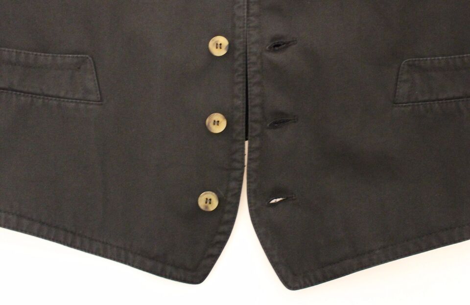 A black vest with two buttons, part of a dress suit