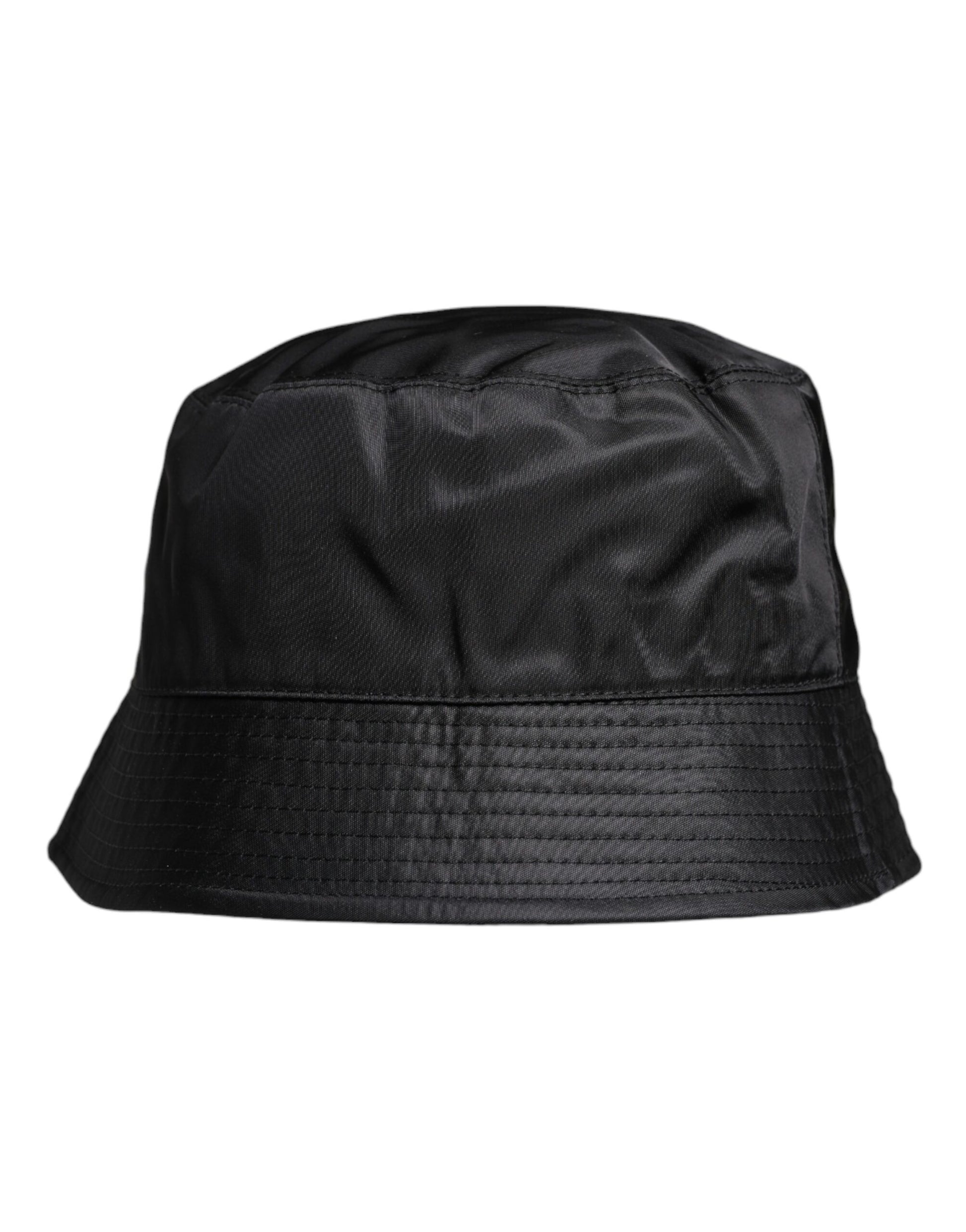 Black bucket hat with drawstring closure