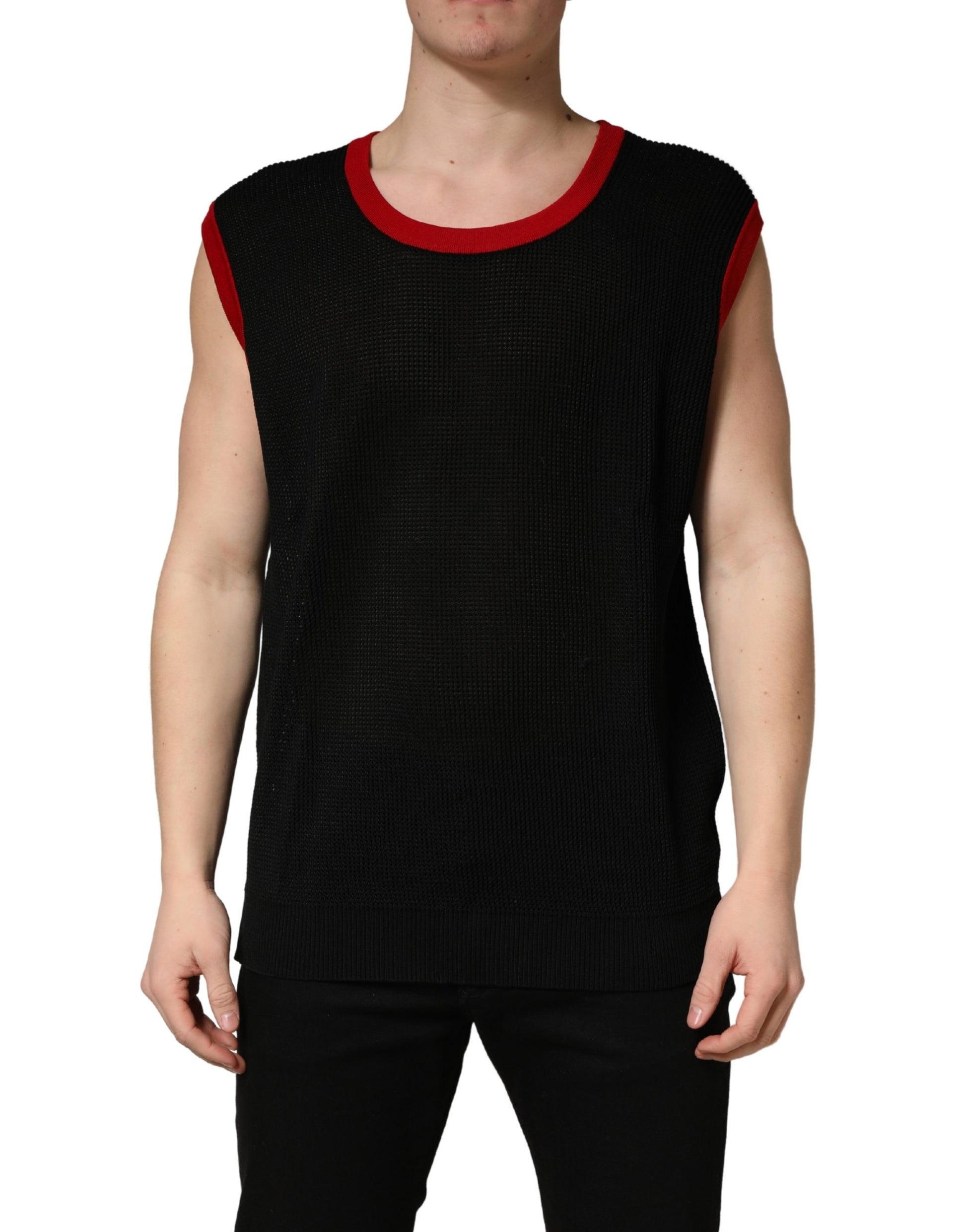 Black sleeveless vest with red trim