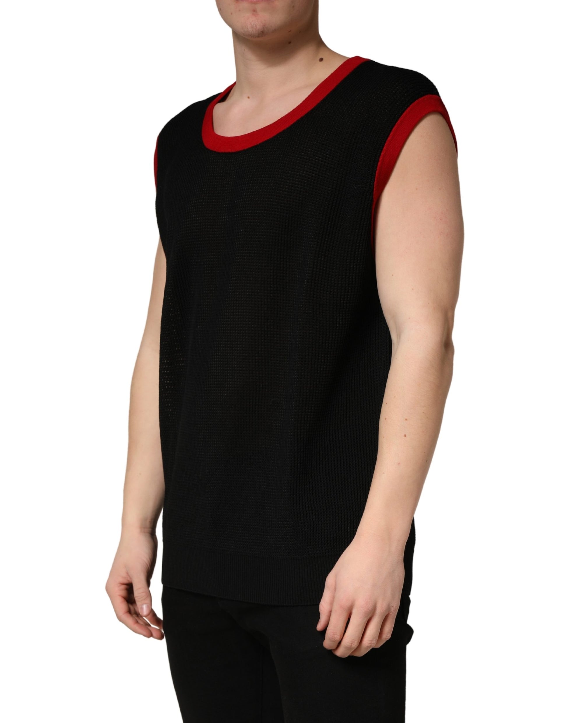 Black sleeveless vest with red trim