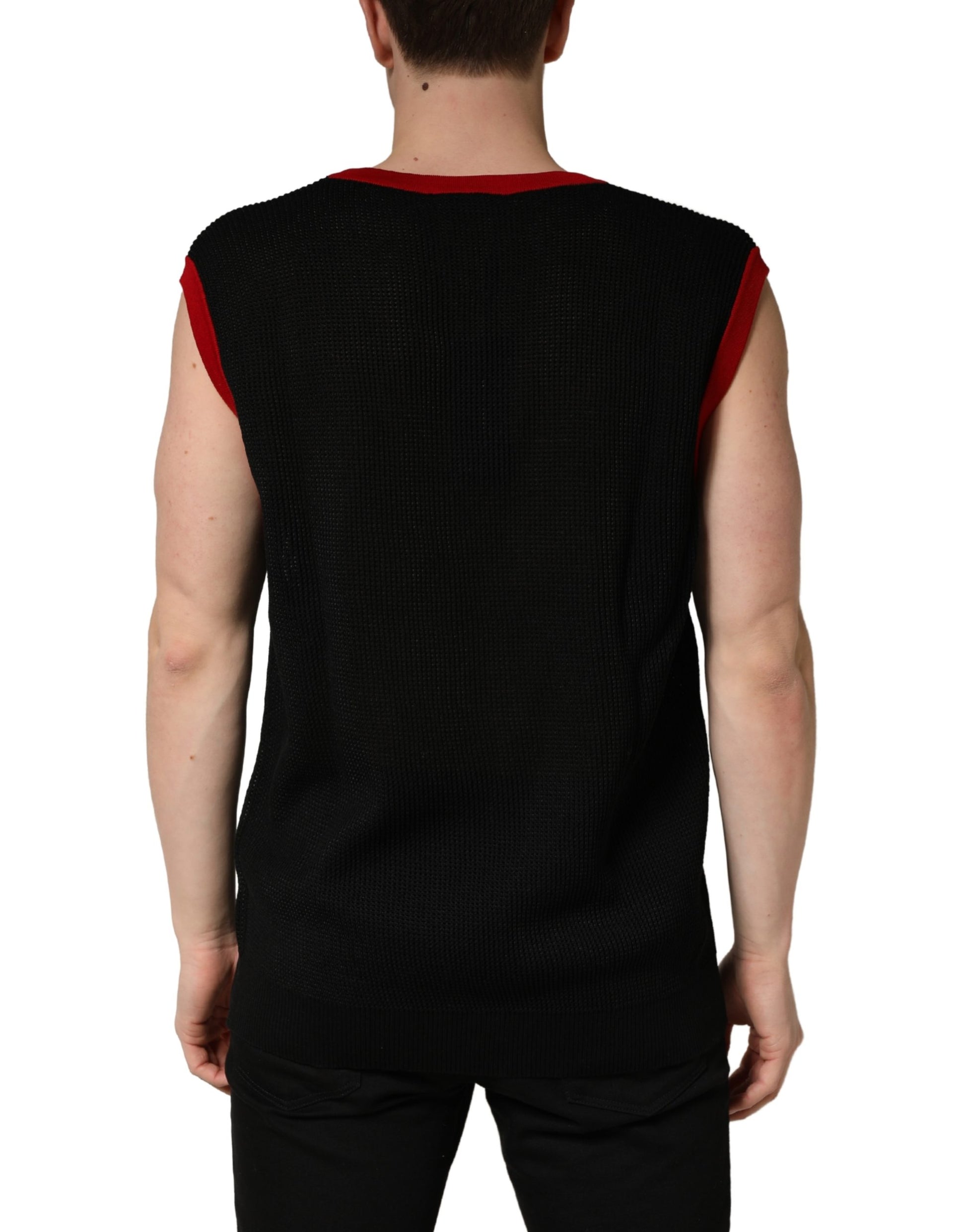 Black sleeveless vest with red trim on back