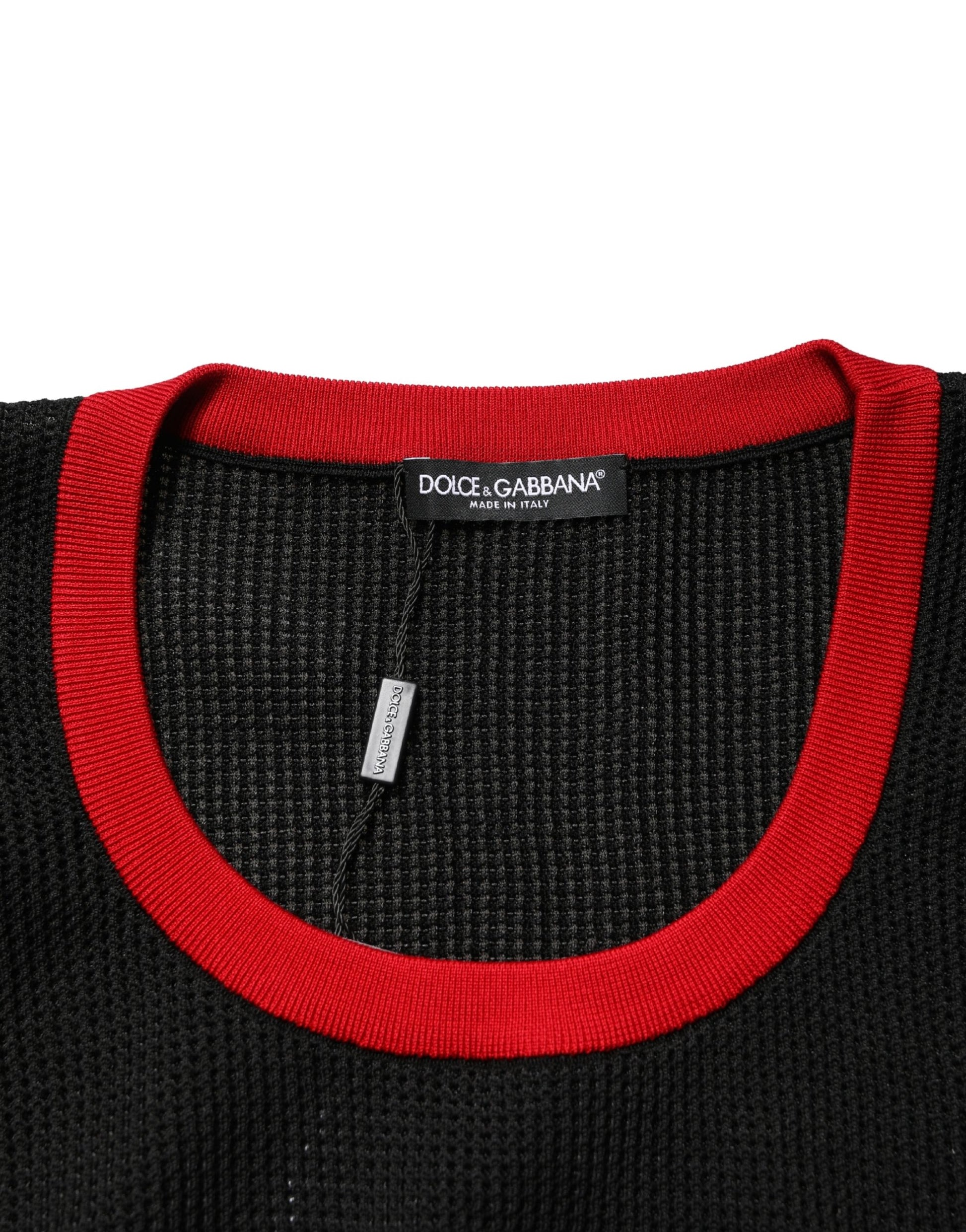 Black and red knit sweater with ribbed neckline