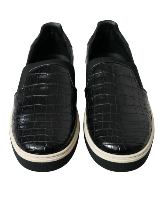 Pair of black shoes with white soles and a crocodile skin texture on the upper part