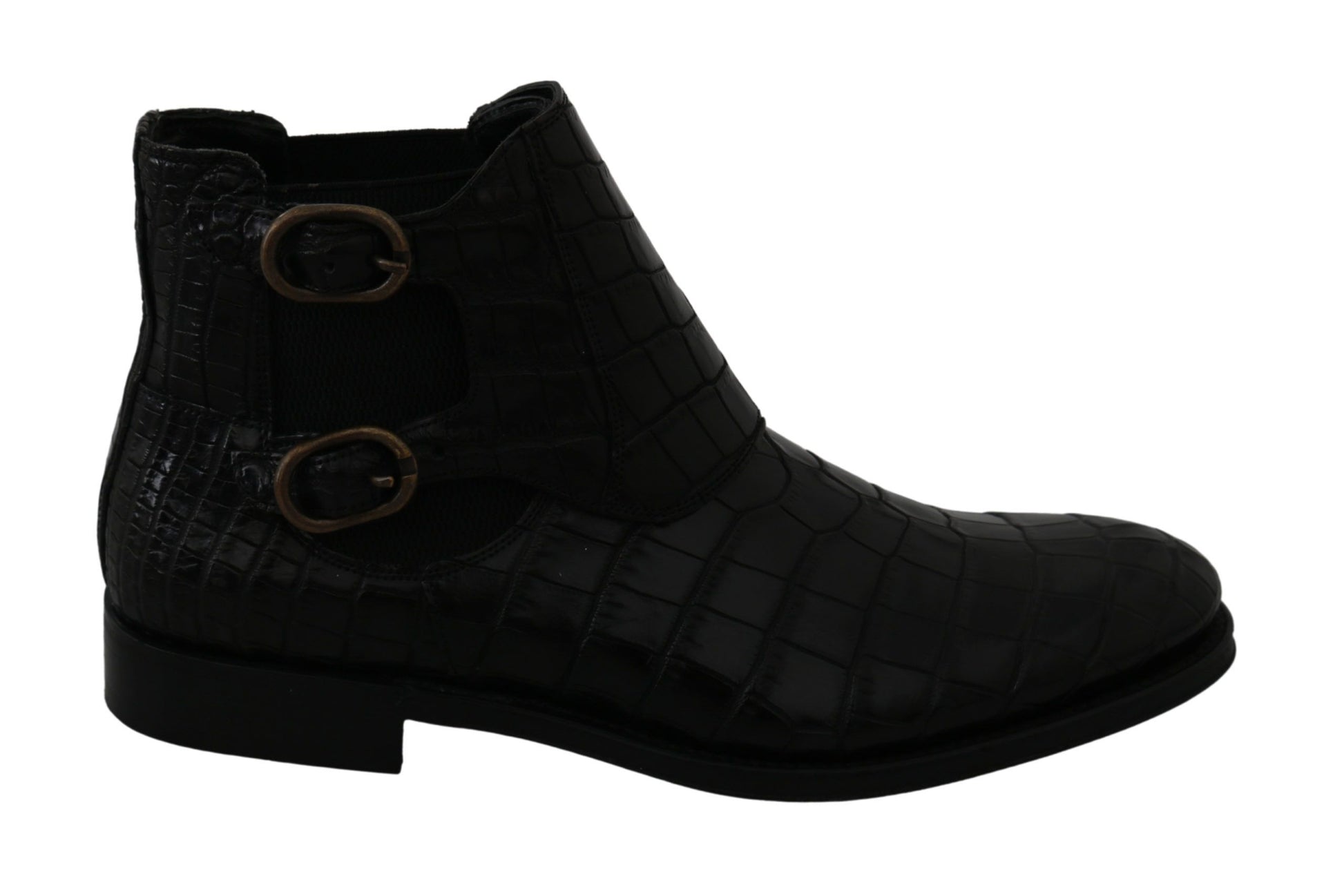 Black leather boot with buckle straps and a chunky heel