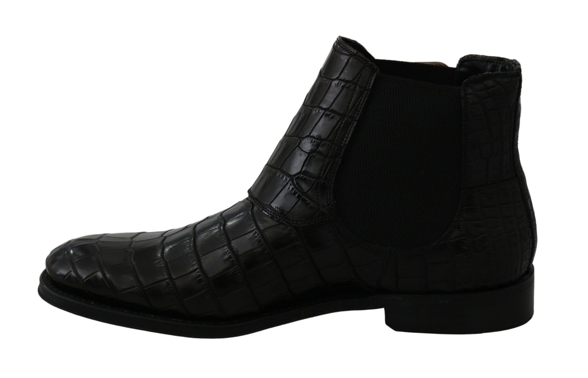 Black leather boot with a high heel and a zigzag stitch pattern on the side