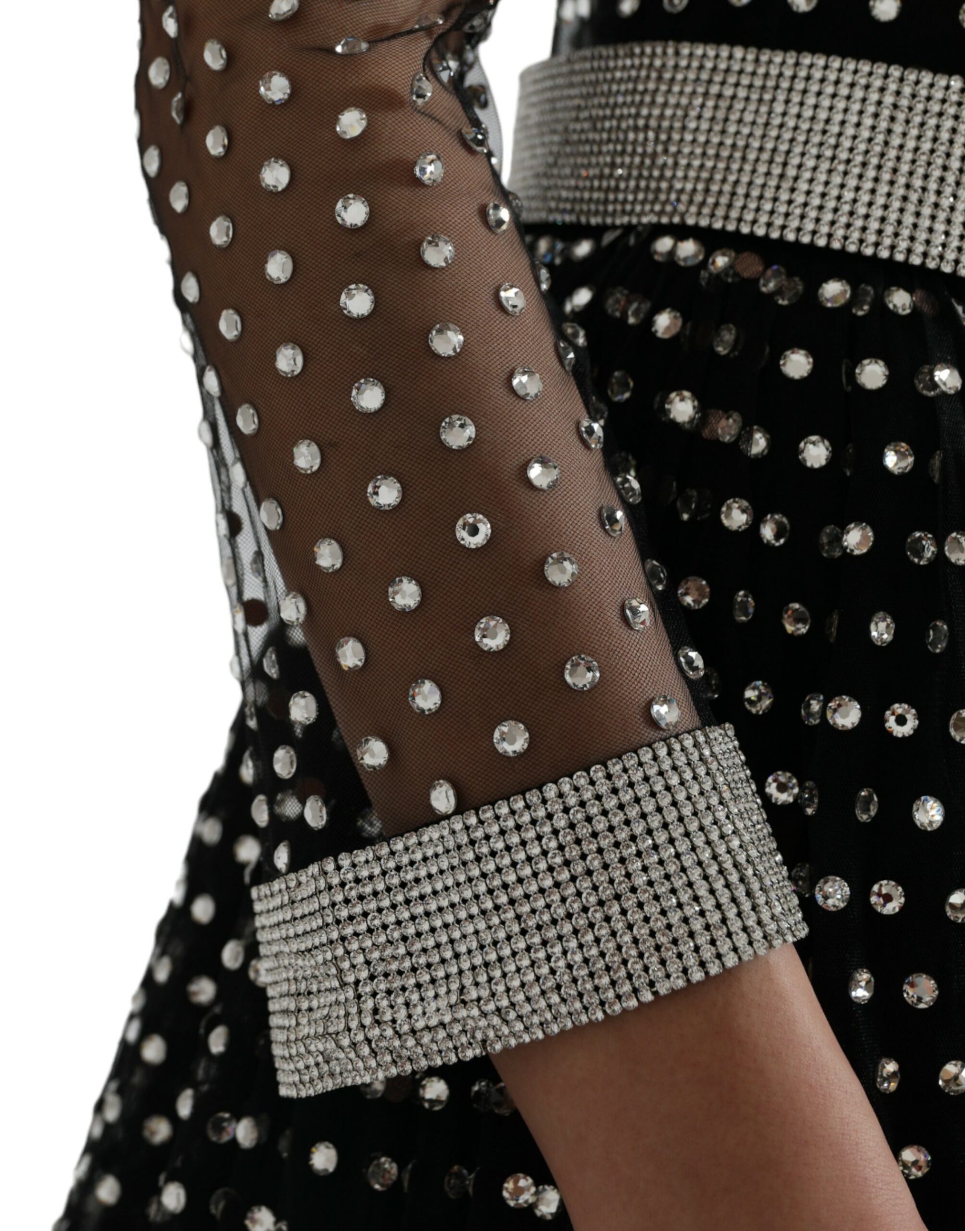 A black dress with crystal embellishments on the sleeve and bodice. It is an A-line gown from Dolce & Gabbana