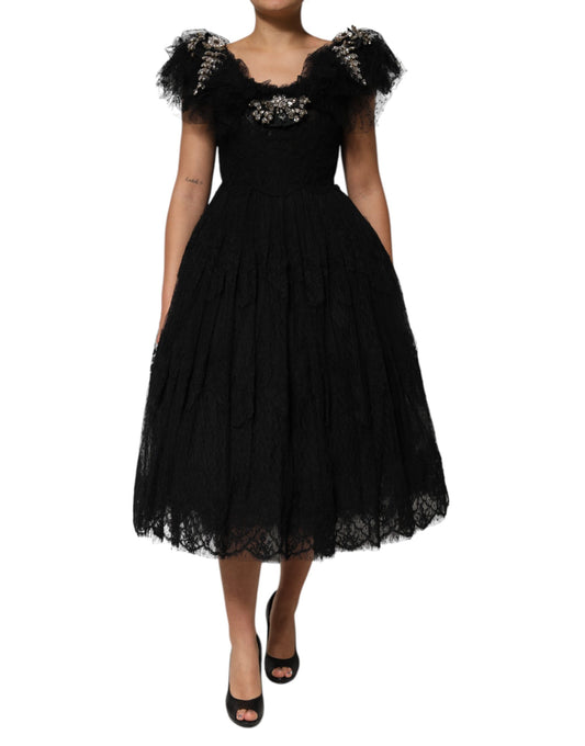 Black midi dress with crystal embellishments and lace detailing