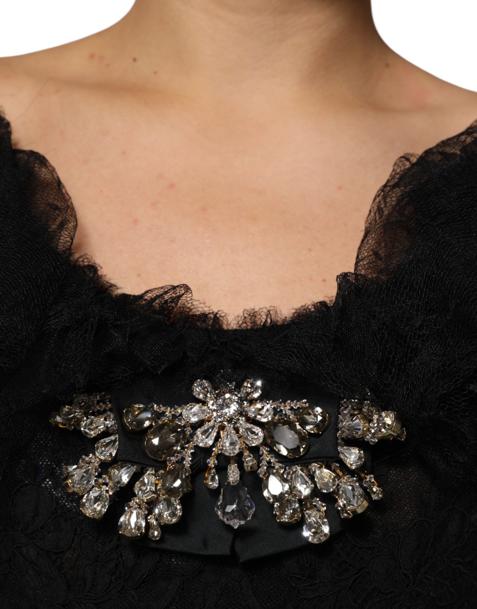 Black midi dress with crystal embellishments on bodice and sleeves