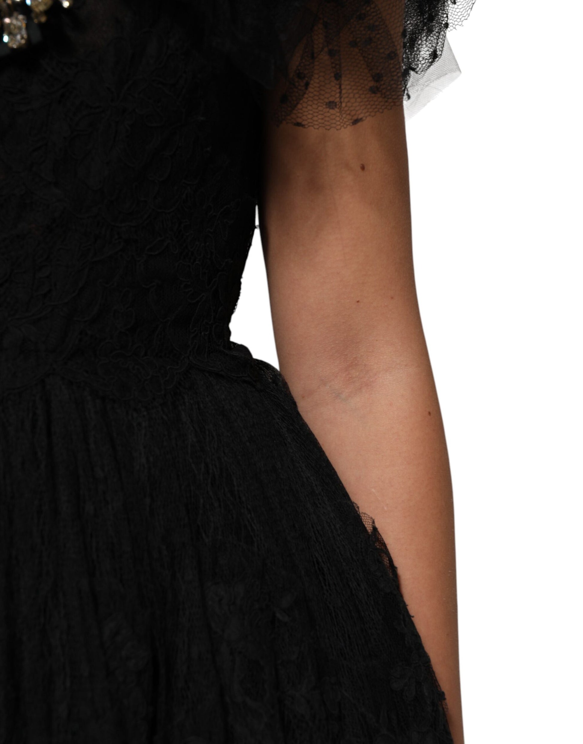 Black crystal embellished midi dress with lace sleeves and hem
