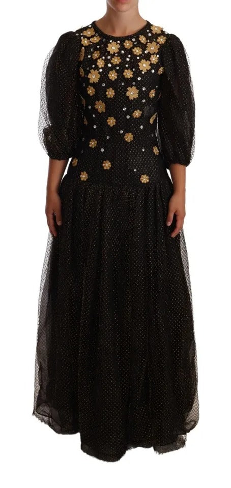 Long black dress with floral pattern and crystals, designed by Dolce & Gabbana