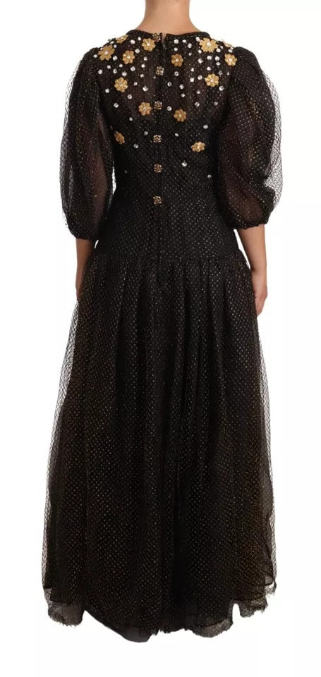 Long black dress with floral pattern and crystals, designed by Dolce & Gabbana