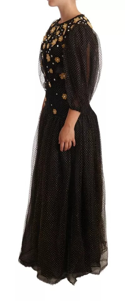Long black dress with floral pattern and crystals