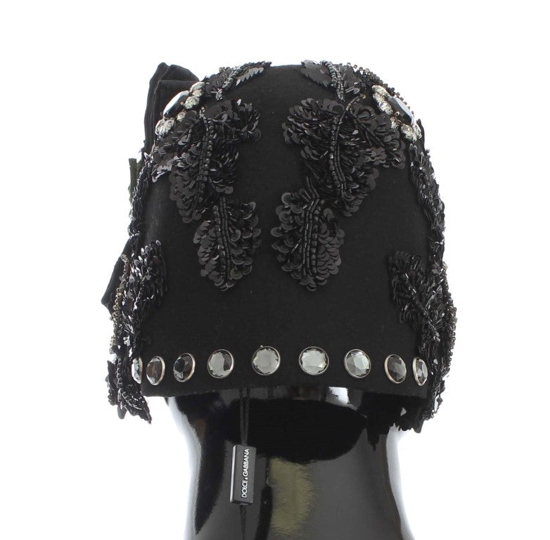 Black headpiece with embroidery and crystals