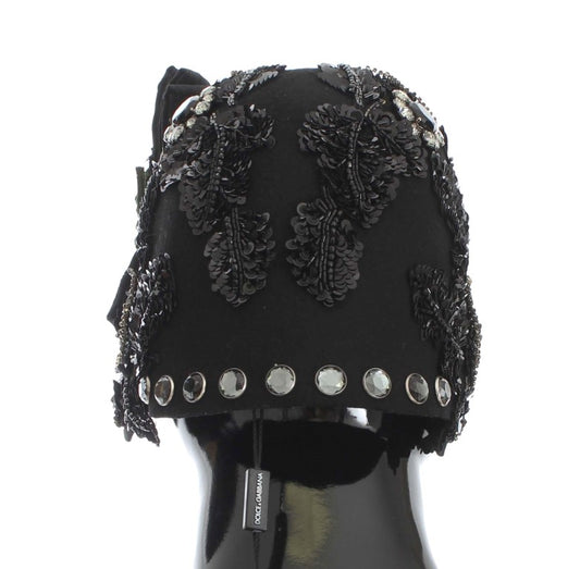 Black headpiece with embroidery and crystals