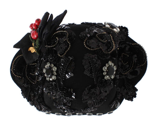 Black lace hat with red berries and sequins