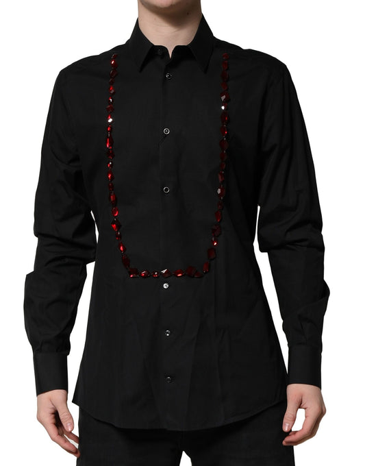 A black dress shirt with red crystals and gold accents, designed by Dolce & Gabbana