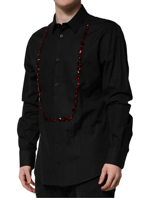 A black men's dress shirt with red crystals and gold accents