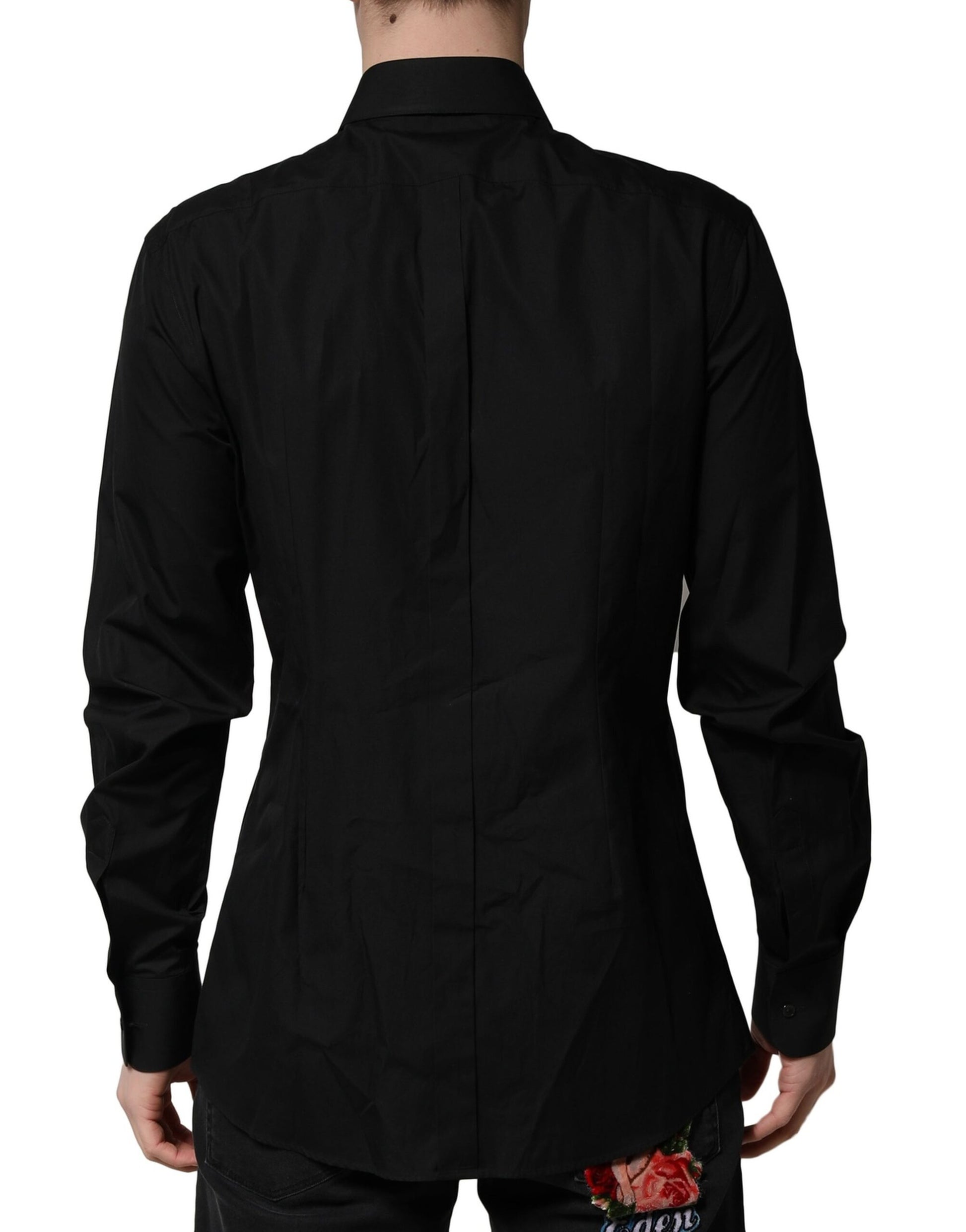 A black men's formal dress shirt with crystal embellishments and gold accents