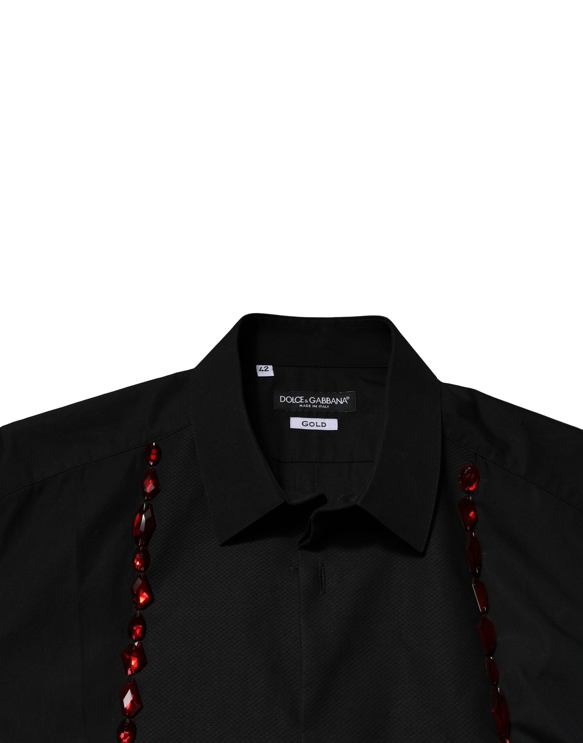 A black men's dress shirt with red crystals and gold accents