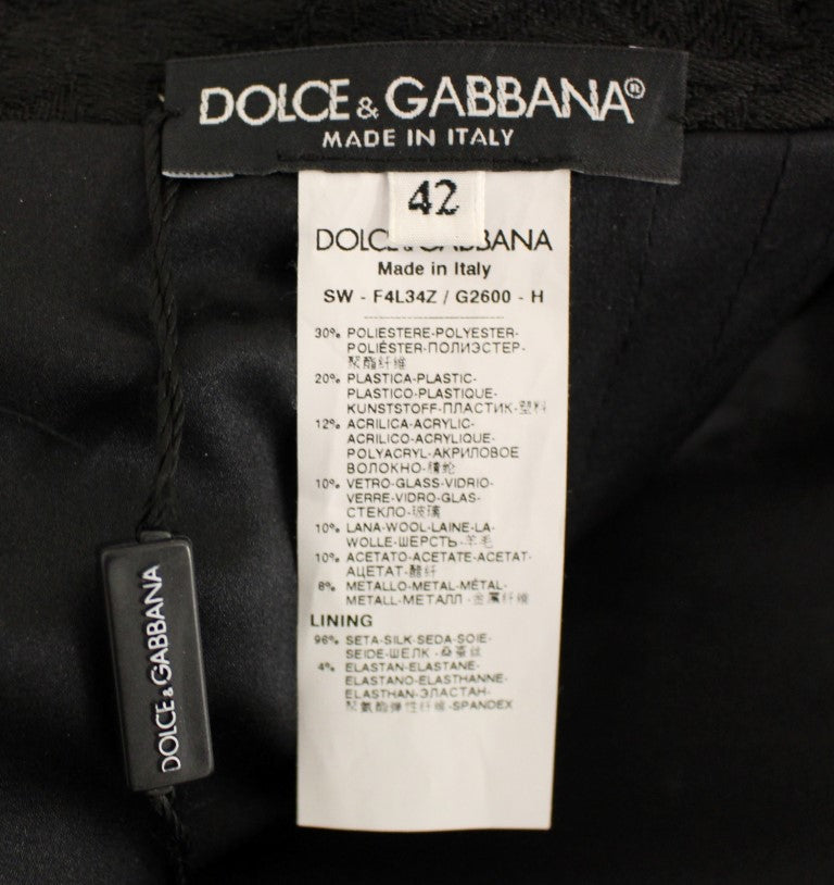 Black clothing tag with white lettering