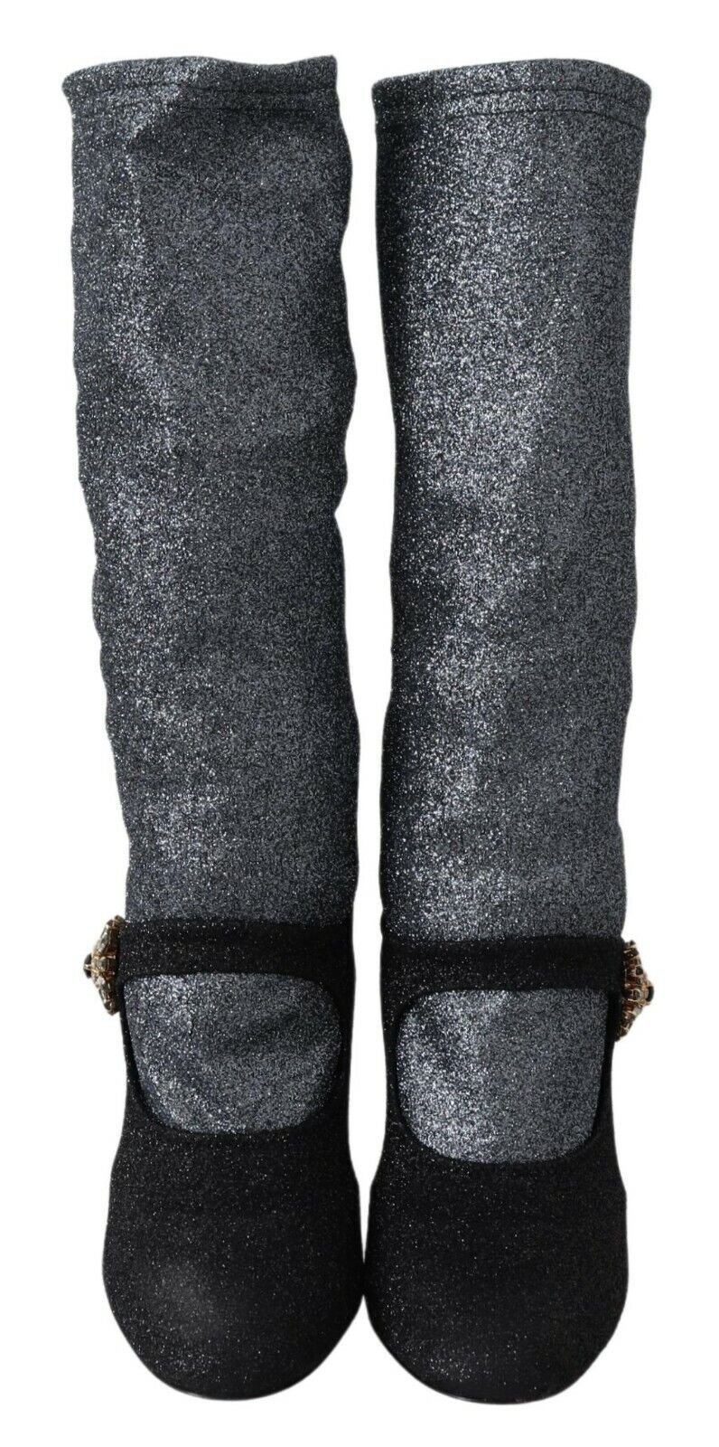 Two black glittery knee high boots with a shiny texture and a small heel