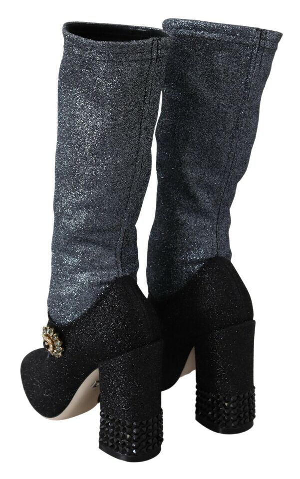 Pair of glittery boots with heels and buckles