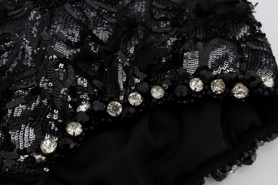 Black sequined lace dress with beaded trim