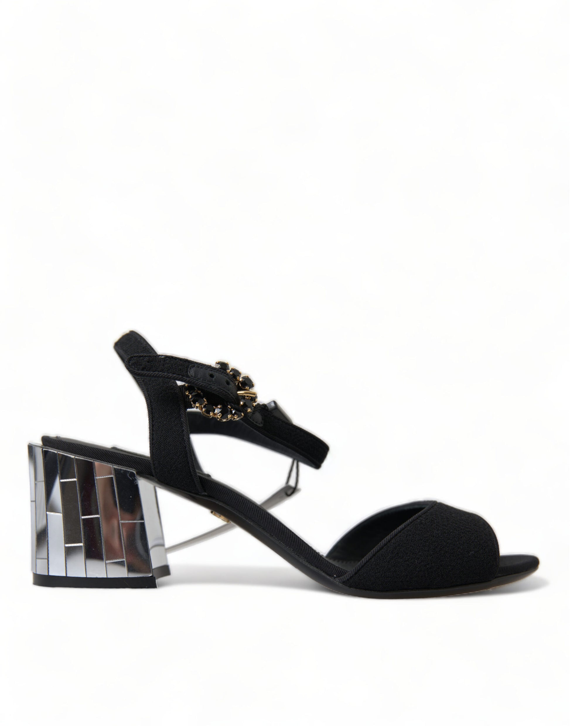 High heel sandal with glittery embellishments and a stiletto heel