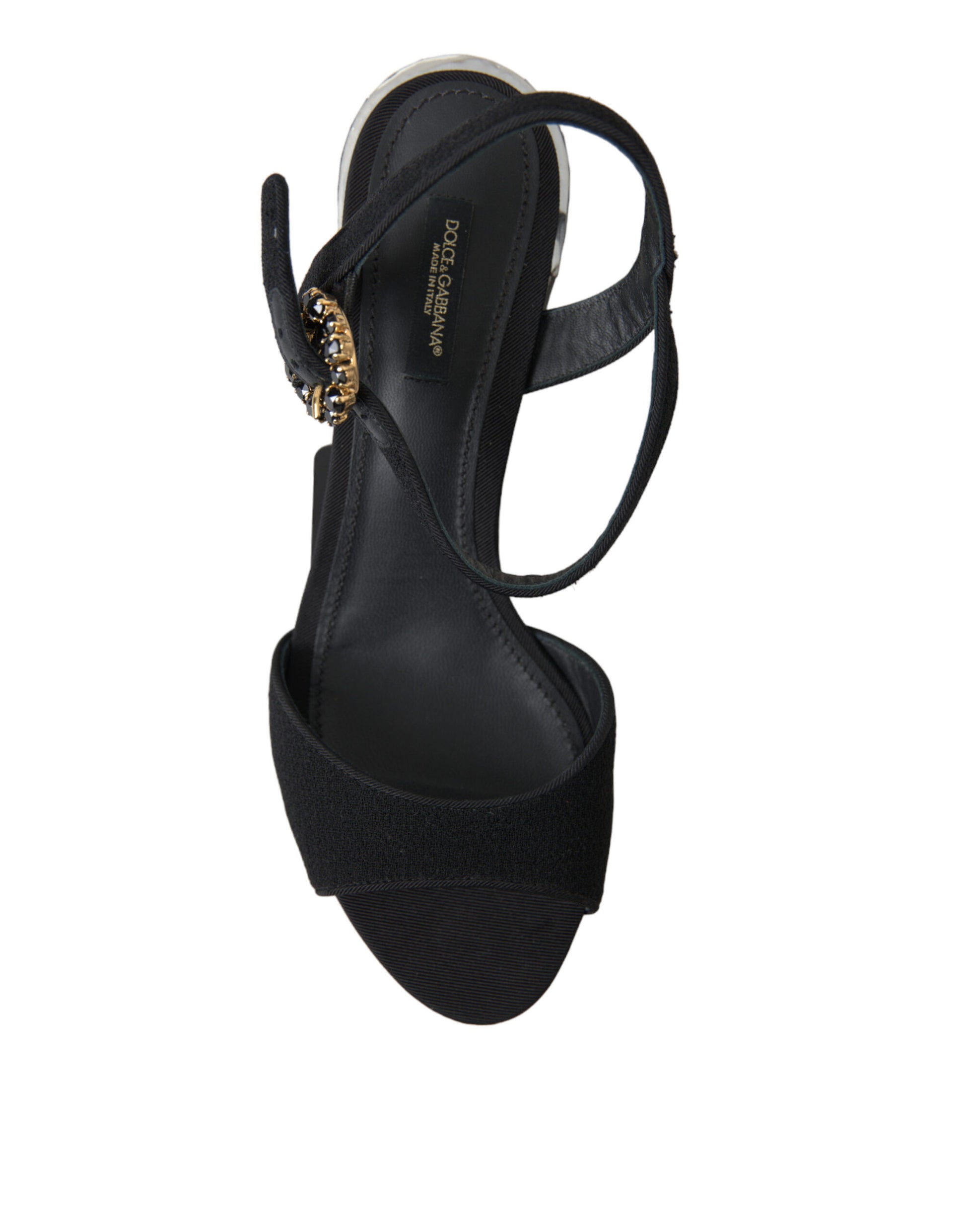 Black high heel sandal with embellished strap and platform sole