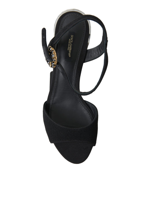 Black high heel sandal with embellished strap and platform sole