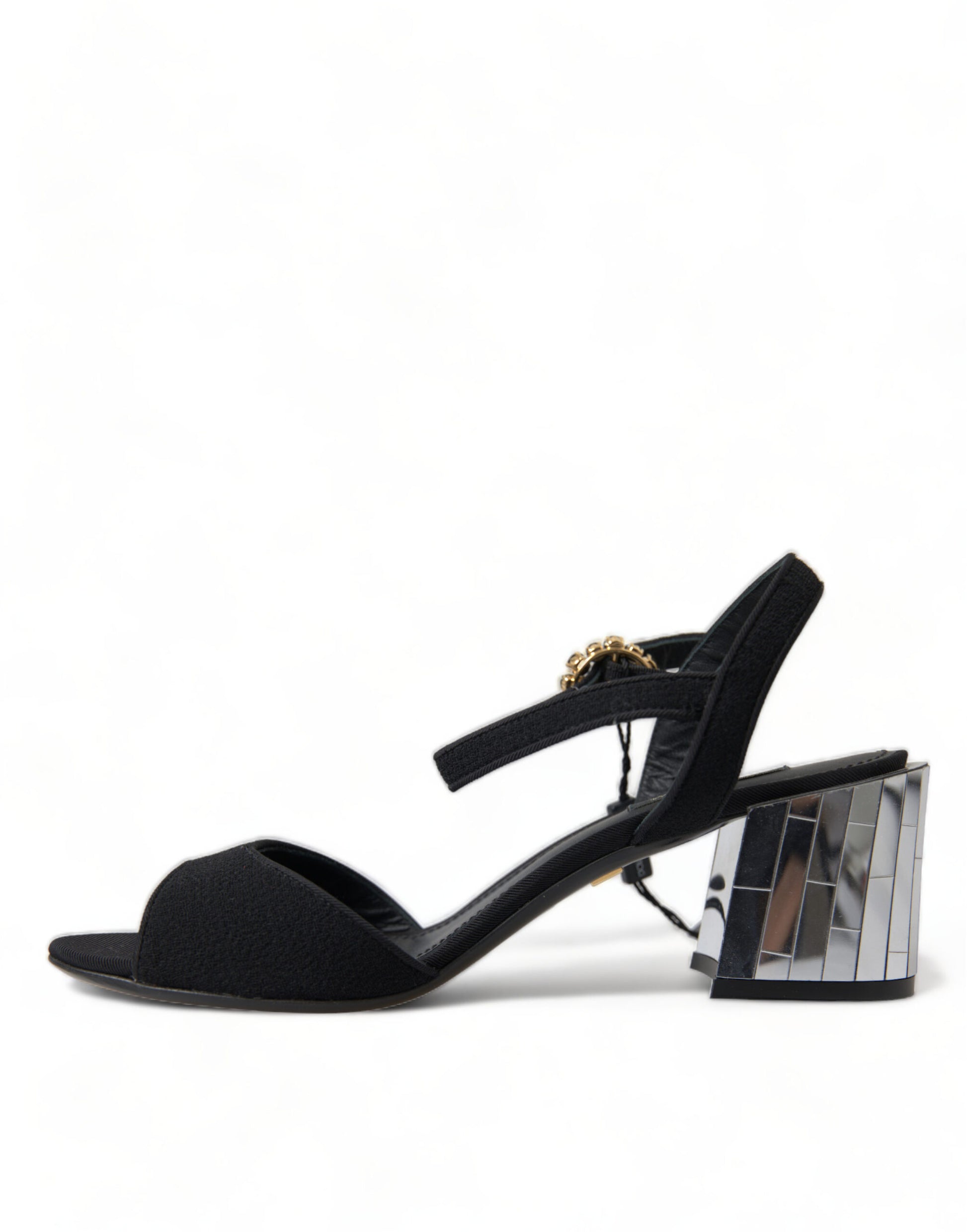 Black high heel sandal with strap over foot and ankle